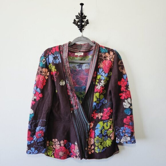 IVKO Floral Cardigan Sweater 40 Womens 10 Asymmetrical Buttons V Neck Cotton - Picture 1 of 4